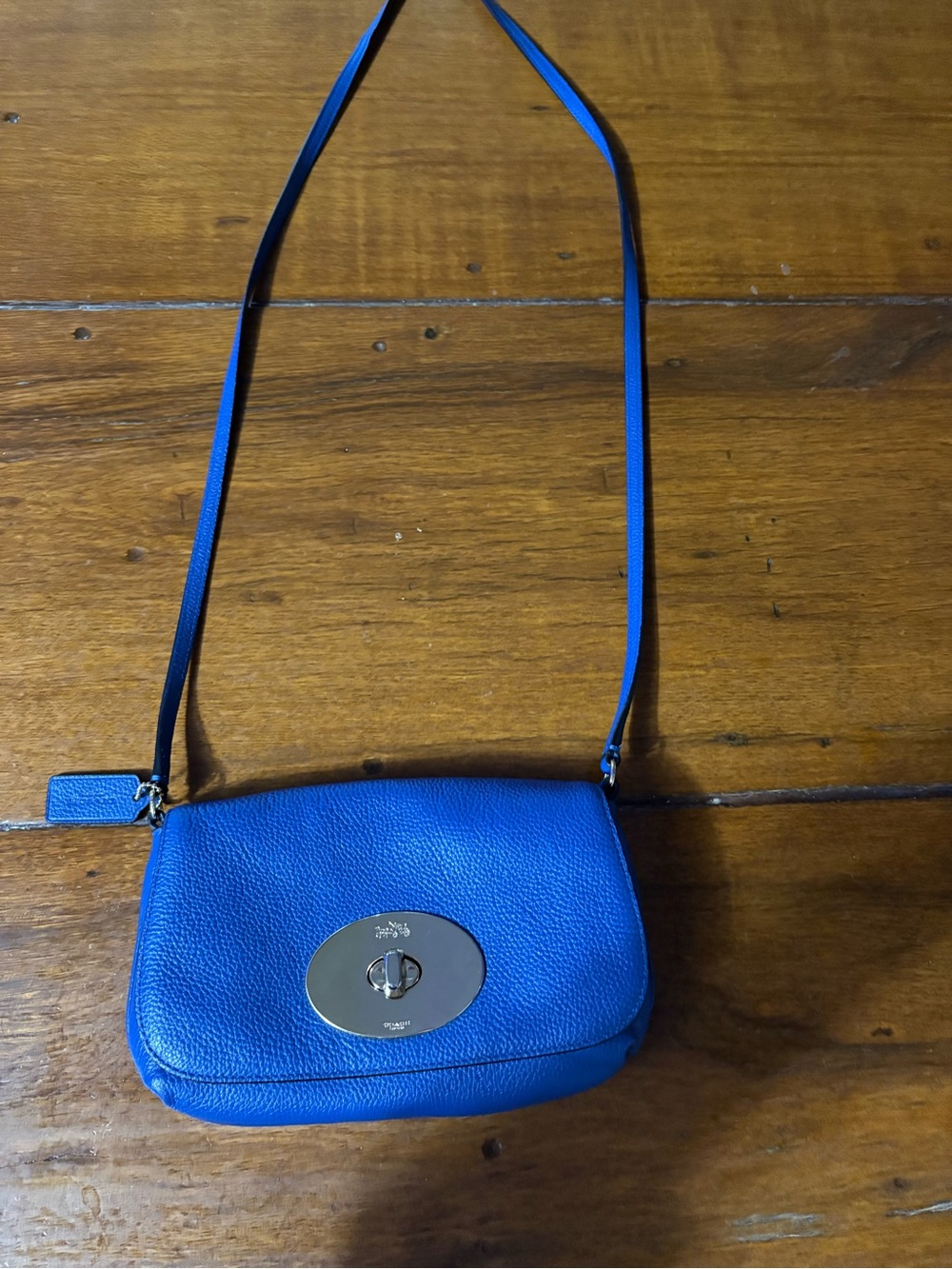 Coach Pebbled Leather Turnlock Crossbody in Cobalt